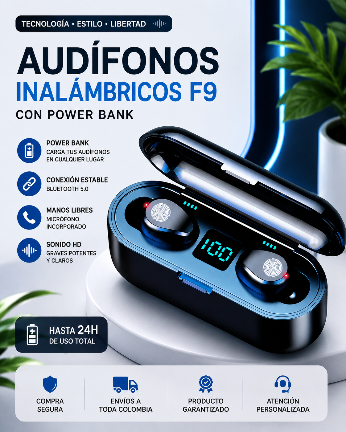 Audífono Inalámbricos F9 Con Power Bank